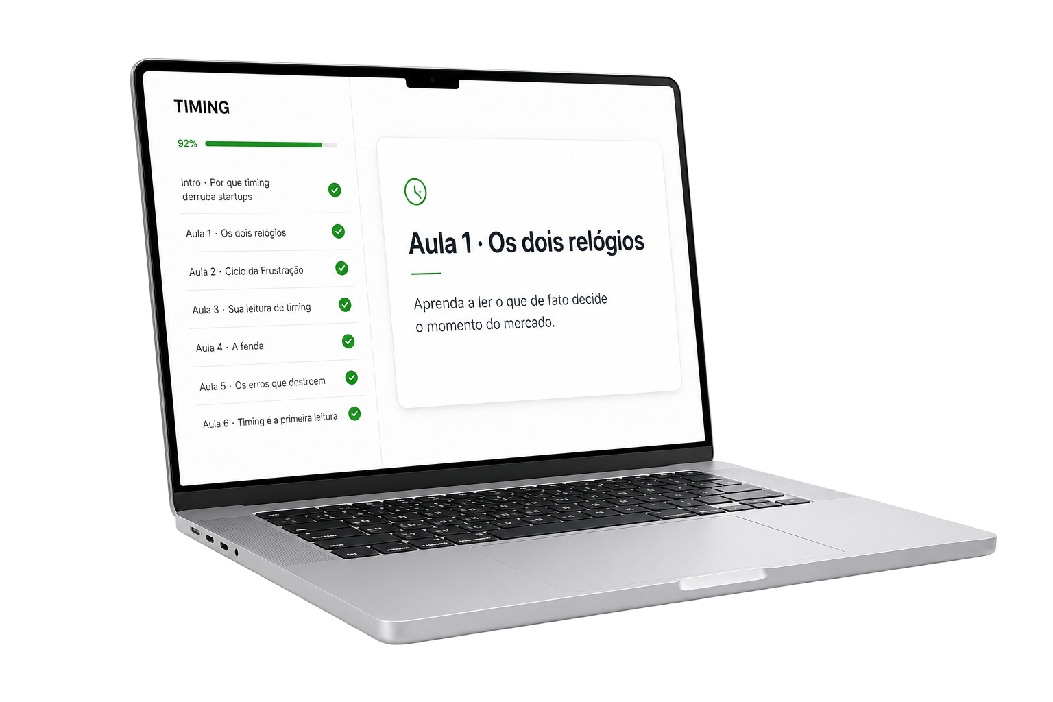 Tela do treinamento Timing com lista de aulas